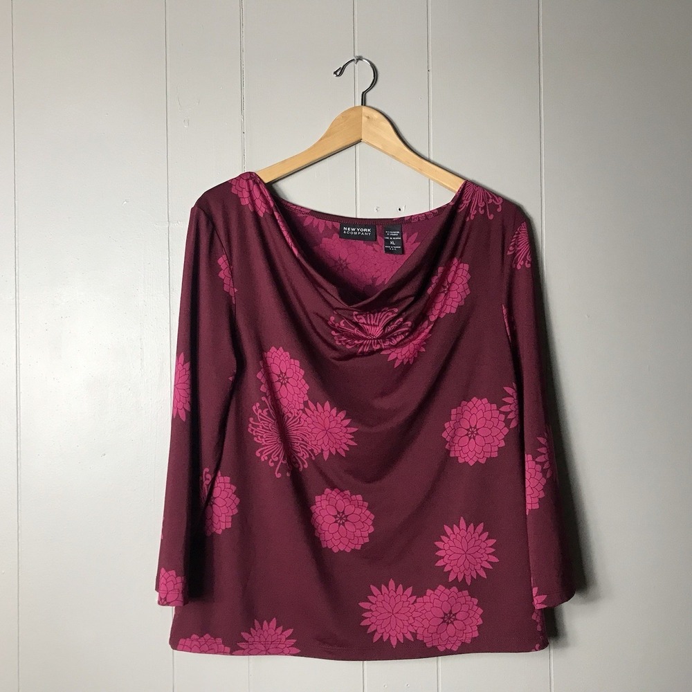 NEW YORK AND COMPANY BURGANDY WITH PINK FLORALS COWL NECK BLOUSE WOMENS SIZE XL
